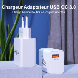 Adaptateur Chargeur secteur USB 18W charge rapide jusqu’à 3A, Blanc. Ne chauffe surtout pas