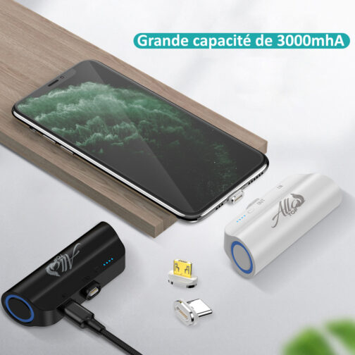 Câble chargeur magnétique 3en1 et sa mini batterie de secours magnétique sur la même connectique, câble charge rapide 3A