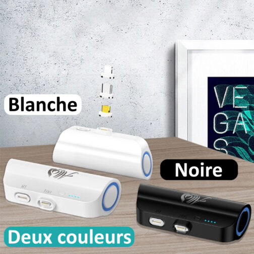 Câble chargeur magnétique 3en1 et sa mini batterie de secours magnétique sur la même connectique, câble charge rapide 3A