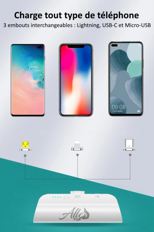 Câble chargeur magnétique 3en1 et sa mini batterie de secours magnétique sur la même connectique, câble charge rapide 3A