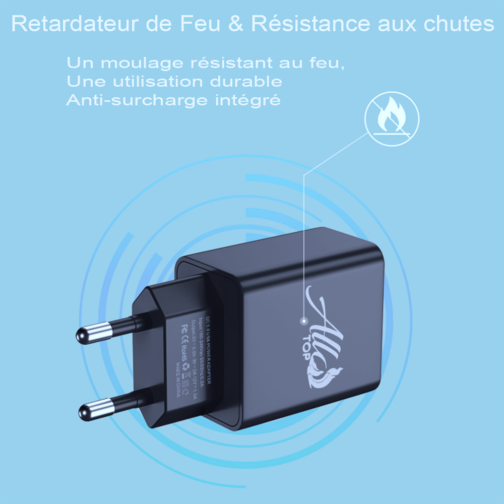 Adaptateur Chargeur secteur USB 18W charge rapide jusqu’à 3A, Noir. Ne chauffe surtout pas