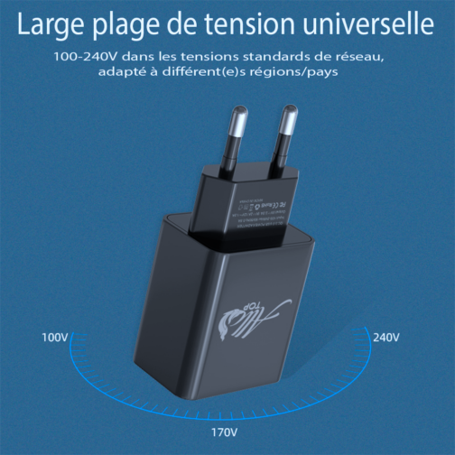 Adaptateur Chargeur secteur USB 18W charge rapide jusqu’à 3A, Noir. Ne chauffe surtout pas