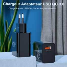 Adaptateur Chargeur secteur USB 18W charge rapide jusqu’à 3A, Noir. Ne chauffe surtout pas