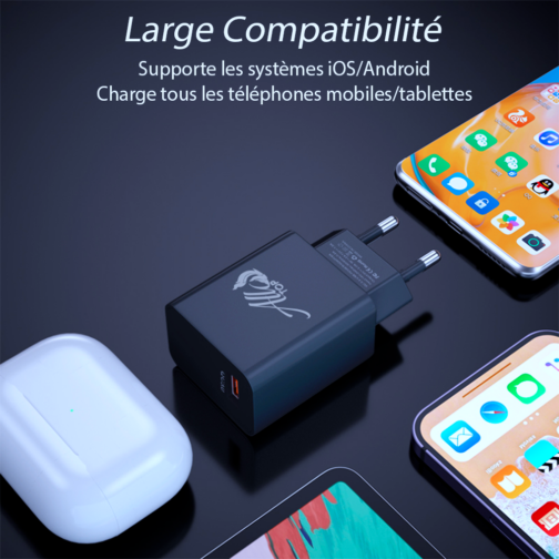 Adaptateur Chargeur secteur USB 18W charge rapide jusqu’à 3A, Noir. Ne chauffe surtout pas