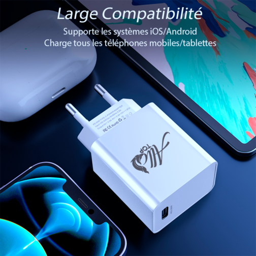 Adaptateur Chargeur secteur USB-C 20W charge rapide jusqu’à 3A, Blanc. Ne chauffe surtout pas