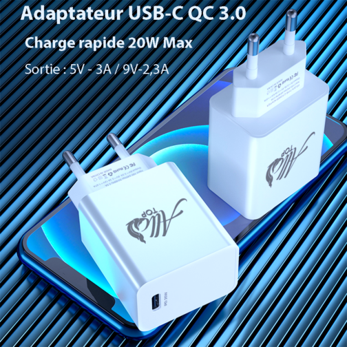 Adaptateur Chargeur secteur USB-C 20W charge rapide jusqu’à 3A, Blanc. Ne chauffe surtout pas