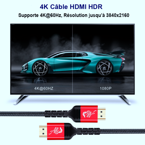 Câble HDMI 4K Ultra HD en Nylon tressé et Titanium platine. (2m ou 3m), pour brancher tous vos appareils HDMI