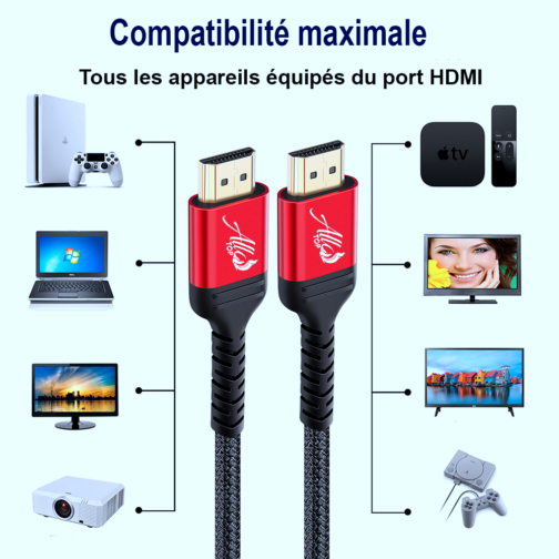 Câble HDMI 4K Ultra HD en Nylon tressé et Titanium platine. (2m ou 3m), pour brancher tous vos appareils HDMI