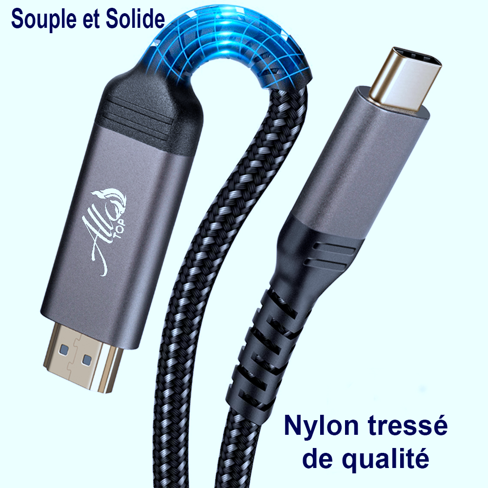 Câble USB C ou Type-c vers HDMI 4K Ultra HD 2 mètres, en Nylon tressé de qualité.