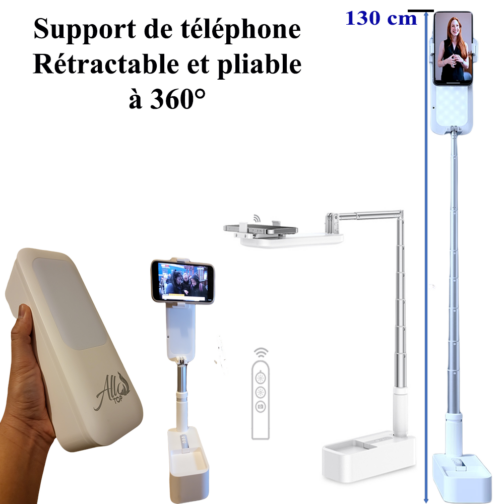 Trépied Support de téléphone pliable 125cm pour selfie, vidéo, tuto, live, démonstration, TikTok, Rétractable multi-position, Lampe double