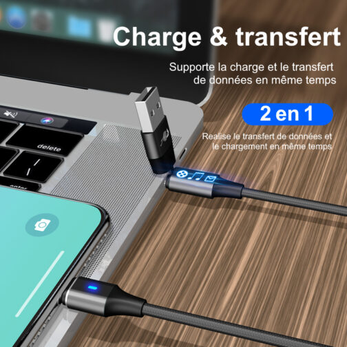 Câble chargeur magnétique 6 en 1 multi connectiques USB-C/Lightning/Micro-USB, charge et transfert de données