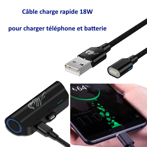 Câble chargeur magnétique 3en1 et sa mini batterie de secours magnétique sur la même connectique, câble charge rapide 3A