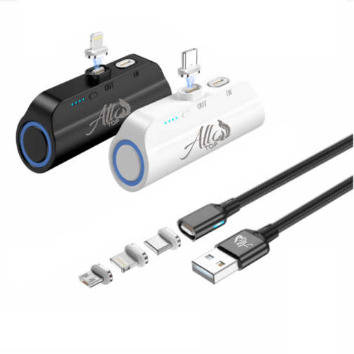 Câble chargeur magnétique 3en1 et sa mini batterie de secours magnétique sur la même connectique, câble charge rapide 3A