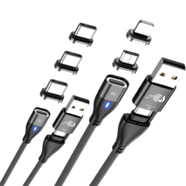 Pack 2 câbles Chargeurs Magnétiques 6en1, longueurs 1 mètre + 2 mètres, Multi USB C, Charge ultra rapide 60W pour Téléphone, Tablette, PC portable, et appareils type-c, Compatible USB-A et USB-C